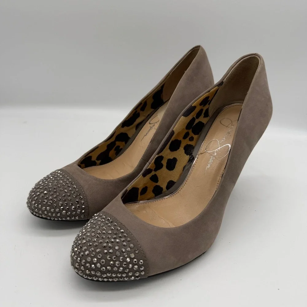 Jessica Simpson‎ Taupe Studded Toe Wedge Pumps Leopard Print Lining Size 7